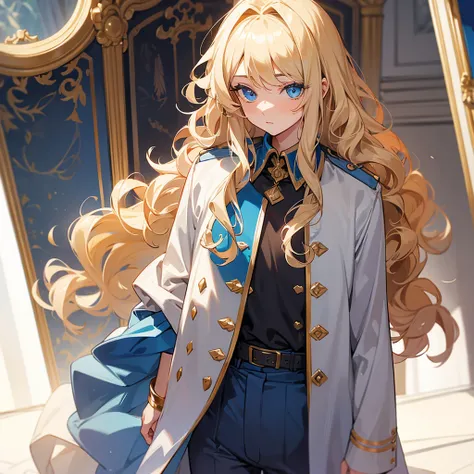 Dirty blonde, curly hair, blue eyes, royal clothing, trousers