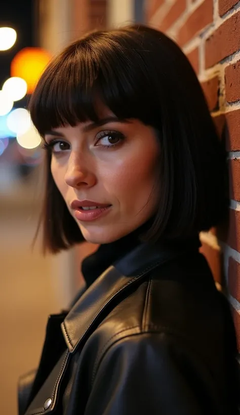 A 38-year-old woman with a sleek bob haircut, wearing a leather jacket, leaning against a brick wall, her face lit by the soft glow of streetlights.