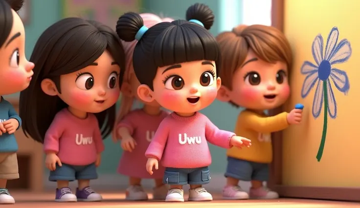 Close-up 3D Pixar animation style featuring Uwu and her friends, gathered together, engaged in an animated conversation. Uwu, a cute and adorable girl with her hair styled into two buns on top and bangs, Clear hair fiber, beautiful cute girl, cheeks flushe...