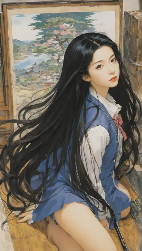 Naoki Urasawa、 beautiful girls、 top quality 、masterpiece、Ultra high definition、 Japanese 、[Jersey、 high school girl、 long hair、 black hair、 Japanese painting、8k