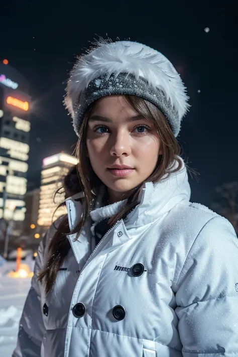 professional photo, beautiful, realistic, ultra-high detail, bright lighting.looks out of the corner of his eye, white, winter, severe frost, snowy, New Years, futuristic city, all in snow, northern lights, blue-violet, black background, typo, city in the ...