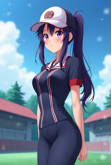 Japanese animation style、 high school girl、Wearing a tight uniform、 Baseball Cap 、 Practice Area、Dark Purple Long Hair、single ponytail、 purple pupils、 full breasts 、From Taiwan、Christmas