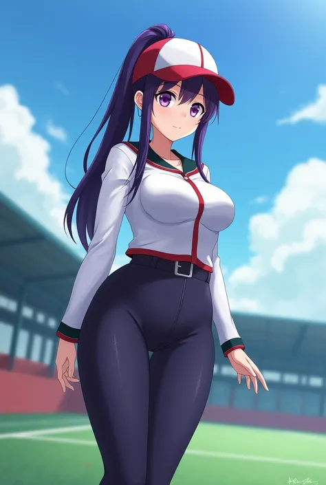 Japanese animation style、 high school girl、Wearing a tight uniform、 Baseball Cap 、 Practice Area、Dark Purple Long Hair、single ponytail、 purple pupils、 full breasts 、From Taiwan、Christmas