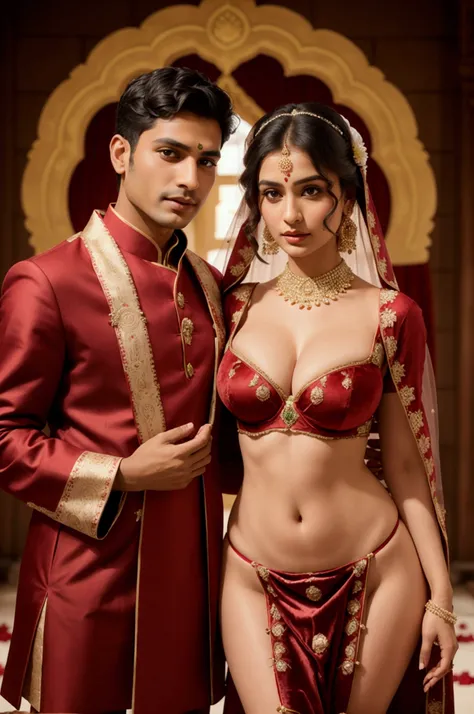 bride and groom in traditional indian attire standing together in a wedding ceremony, provocative indian, look at all that detail!, indian, look at that detail!, intricate outfit, look at all that detail, draped in velvet and flowers, india, details galore...