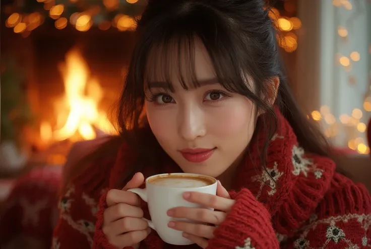 A beautiful woman with beautiful eyes, detailed eyes, beautiful full lips, highly detailed eyes and faces, long eyelashes, cute expression, smile, sitting,  holding a cup of hot latte, homely background, Christmas sweater, fireplace, warm light, detailed l...