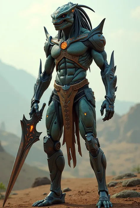 A predator-inspired cyborg hyper muscular from india standing deep distant  from camera use diffent outfit and skin colour and carrying a futuristic blade