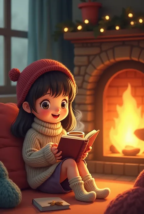  The girl is sitting reading a book near a burning fireplace,  in her hands a mug of coffee ,  dressed in a knitted sweater and knitted knee-highs ,  around is warm and cozy , cartoon style  