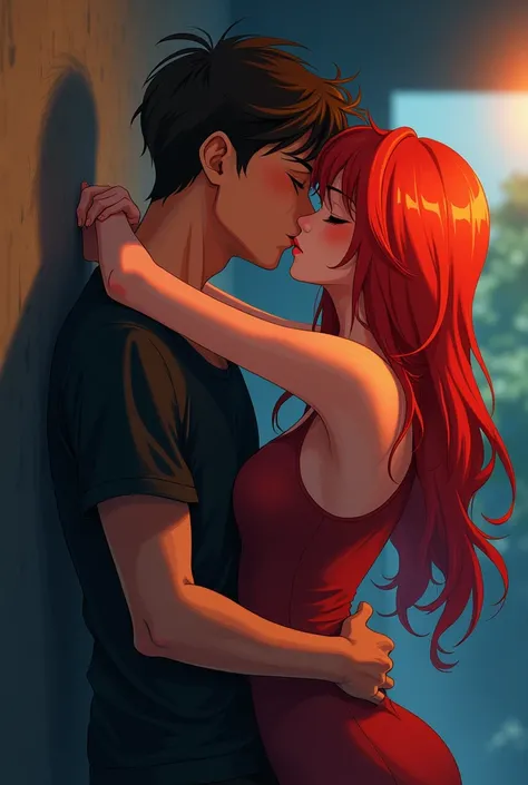 Brunette guy,  without a beard , presses against the wall and kisses a girl with red hair,  passion , anime