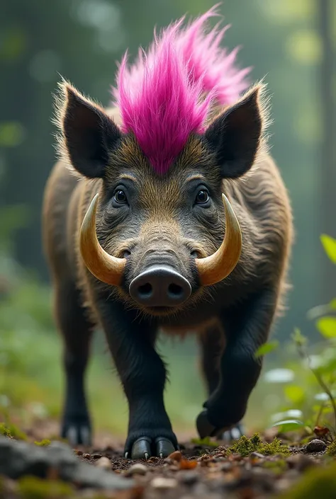 Drawing young wild boar big tusk aggressive eyes 
Fushia pleated green crest 