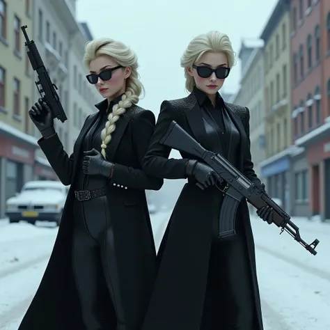 Anna and Elsa are holding AK-47s in their hands, they are standing on the street of Odessa in winter, on New Years Eve, standing in an epic black suit and sunglasses