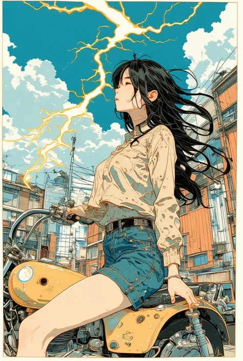 lightning,Japanese women with long hair，snake，motorcycle，Millerball  ,Im falling , Poster Art, Screen printed poster,   graphic novel cover art  ,  Vivid details ,   promotional artwork  , Poster illustration,  illustration poster , author:  Jens Sondergaa...