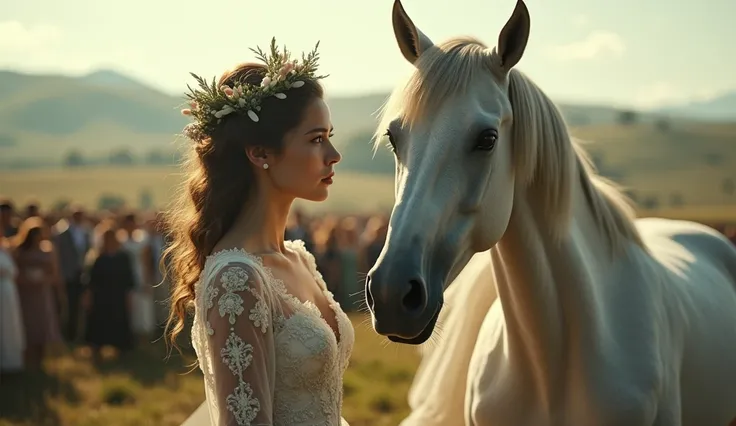 A beautiful girl with bride dress, married to a horse, girl is crying , people standing behind them.