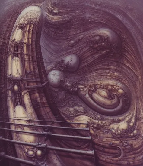 H. R. Gigers g1g3r, , Giger_style, Giger_style, The image is a detailed view of H.R. Gigers " Landscape XVI " plate, featuring a complex network of bones and organs in a purple-brown hue ,swirling gray and brown colors. The artwork is silver and purplish b...