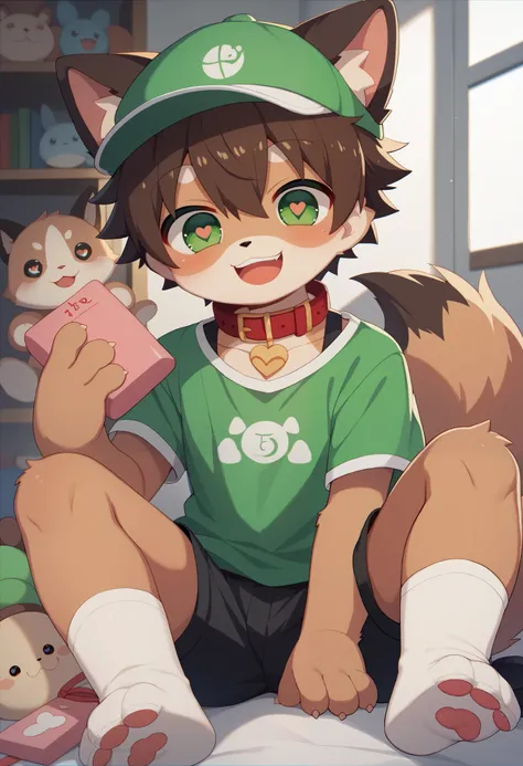    very detailedな, very detailed,brown fur boy,Boy with dark brown hair  ,骨を見て  excited,Heart Eyes,participate, green,white, and a multicolored hat  ,   cute face,  sitting!,Red collar, black ear  ,   like fluffy fur,  excited,Horny boy,美しいroom,room ,smile...