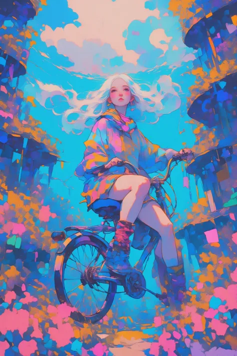 There is a picture of a woman riding a bicycle underwater,  Whimsical Fantasy Scenery , Surreal concept art,  4k Highly Detailed Digital Art, Highly detailed official artwork,  fantasy matte painting， Fantasy Painting Style ,  Colorful Concept Art ,  magic...