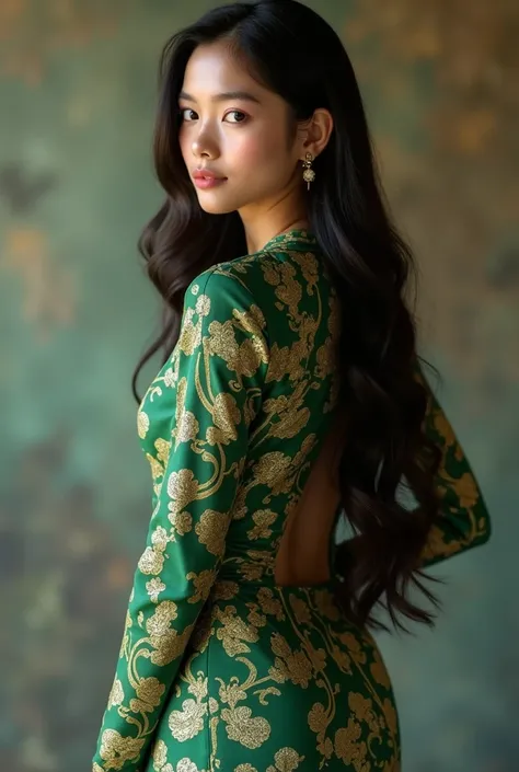 a beautiful Indonesian girl (20 years old, full body, long hair) wearing formal green pencil kebaya dressed (very very very super realistic, look from back) with long batik super pencil-skirt style (with very super juicy sexy ass)