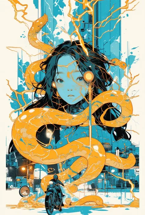 lightning,Japanese women with long hair，snake，motorcycle，Millerball  ,Im falling , Poster Art, Screen printed poster,   graphic novel cover art  ,  Vivid details ,   promotional artwork  , Poster illustration,  illustration poster , author:  Jens Sondergaa...