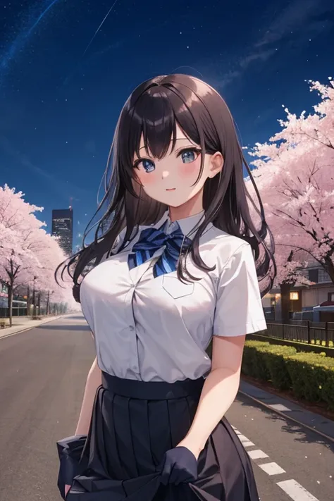 masterpiece,  top quality ,  high res,  extremely detailed,  detailed background,  cinematic lighting,  One girl , cute,  long black hair , big breasts、,  school uniform,  skirt lift,  are openly obscene,  viewers, building,  outdoors on the street at nigh...