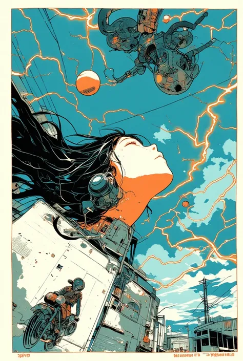 lightning,Japanese women with long hair，snake，motorcycle，Millerball  ,Im falling , Poster Art, Screen printed poster,   graphic novel cover art  ,  Vivid details ,   promotional artwork  , Poster illustration,  illustration poster , author:  Jens Sondergaa...