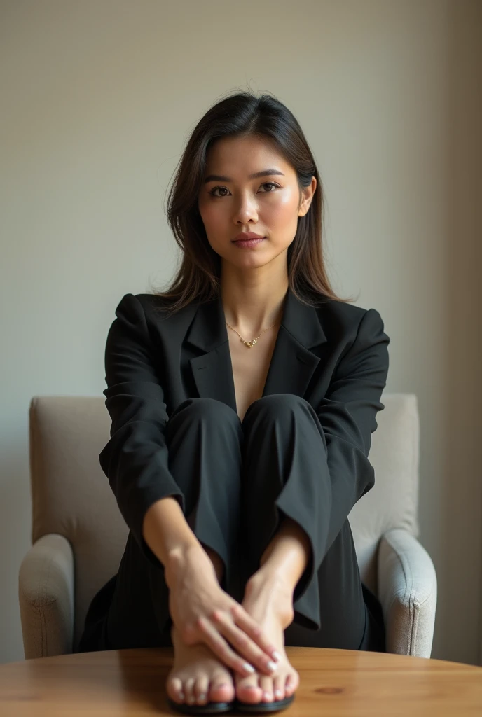 Woman wear classic pant show her feet in table to camera 