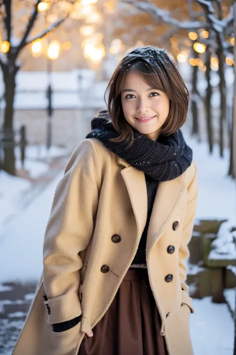 (8k, RAW photo, photorealistic, HQ, masterpiece), a cute Japanese girl,(glowing eyes), 
(light smile:0.2), brown hair, fluffy Pixie Bob hair, large breasts, (Stylish winter outfits, Scarf, coat, long skirt), 
standing pose, Seductive pose, (Snow continuing...