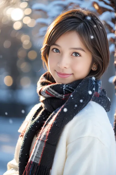 (8k, RAW photo, photorealistic, HQ, masterpiece), a cute Japanese girl,(glowing eyes), 
(light smile:0.2), brown hair, fluffy Pixie Bob hair, large breasts, (Stylish winter outfits, Scarf, coat, long skirt), 
standing pose, Seductive pose, (Snow continuing...