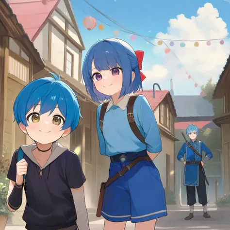  young man　 Shorthair　bow　Blue Hair　Adventurer