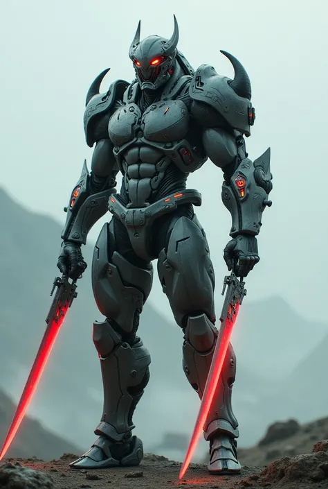 A predator-inspired cyborg hyper muscular from japan standing deep distant  from camera. Carrying a lazer sword in both hands.