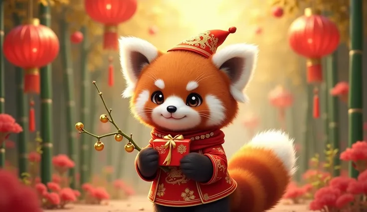  It matches the Chinese lanterns and holiday decorations nearby 。 Its image is cute and mysterious ， As if swinging gently in the breeze 。

 The red pandas exterior design is full of details and texture 。 Its fur is naturally brown ，Soft and shiny， Each ha...