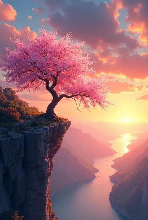 Create a realistic image of cherry tree at the edge of cliff with sunset at the background 