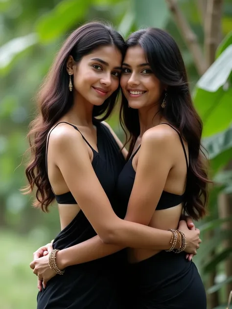 Full shot of two young women embracing. The woman has heart shape face, long dark brown hair, slim body, big natural breasts medium sized ass on the left. She is wearing a black saree, draped in a traditional style. The  saree is a black, sheer fabric. she...