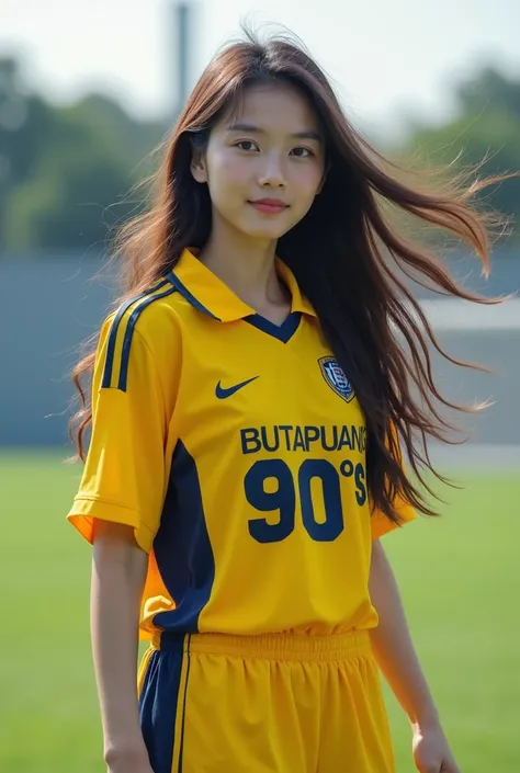 Long-range photography, action freestyle, In football sportswear, ลายสีขาวสีส้มเข้มสดใส, polo shirt with a bright print, a large graphic print, the words,"BUTAPUANG 90s,",  dress, Tight body sports pants ,  is the action on a modern football field., Wiggle...