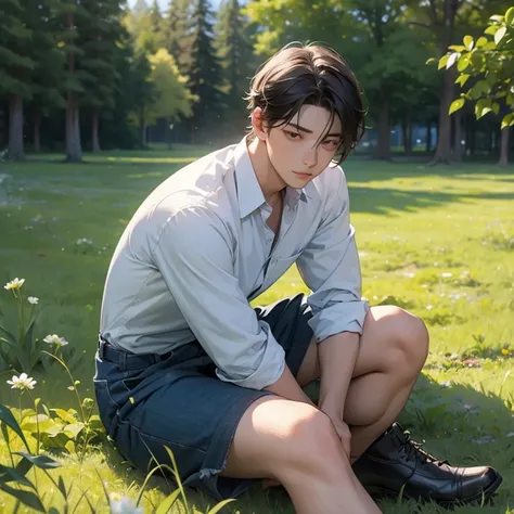 A young man sitting on grass in sad position.