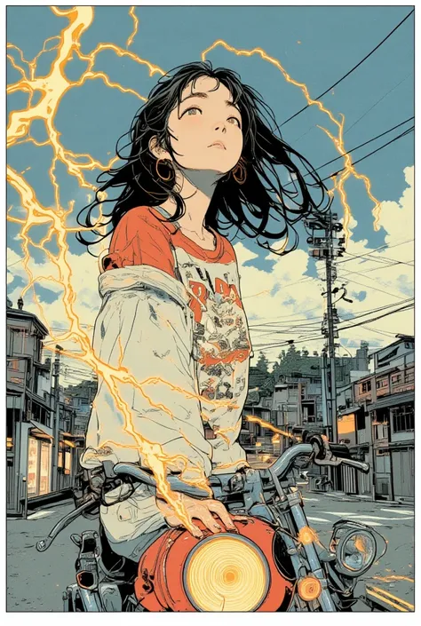 lightning,Japanese women with long hair，motorcycle，Millerball  ,Im falling , Poster Art, Screen printed poster,   graphic novel cover art  ,  Vivid details ,   promotional artwork  , Poster illustration,  illustration poster , author:  Jens Sondergaard    ...