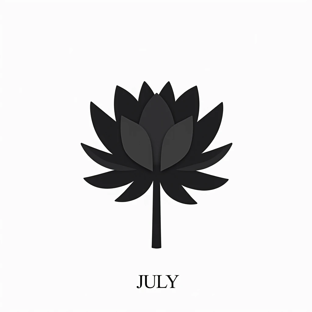 A minimalistic vector-style illustration of a single black water lily flower, representing July. The flower design is in black, with no leaves or stems. The illustration features clean outlines, flat fills, and no gradients or textures. The background is p...