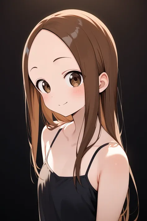 NSFW,masterpiece, top quality , high res, very detailed,Takagi(からかい上手のTakagi), long hair、Brown Hair、 split bangs,Forehead、clavicle, camisole, miniskirt,Nightlife