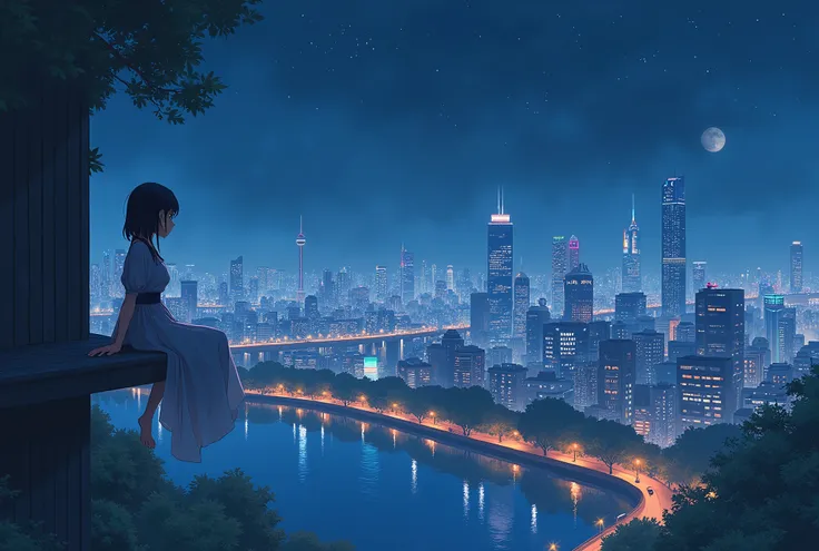  anime girl sitting on a shelf watching the city at night, Matte paint inspired by Makoto Shinkai ,  pixib,   conceptual art  , Ultra HD Anime Wallpaper , HD anime cityscape,   beautiful animated scene , 4k anime wallpaper,  Anime Beautiful Peaceful Scener...