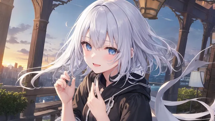  white hoodie 、 black shirt 、Ultra HD, Watch viewers with a beautiful sunset in the background , and, 20 years old, 非常に Shorthair,  long bangs between eyes, Pale blue eyes,  very detailed,(masterpiece、 top quality ),Gray Hair、Laughter、 wonderful,  Silver H...