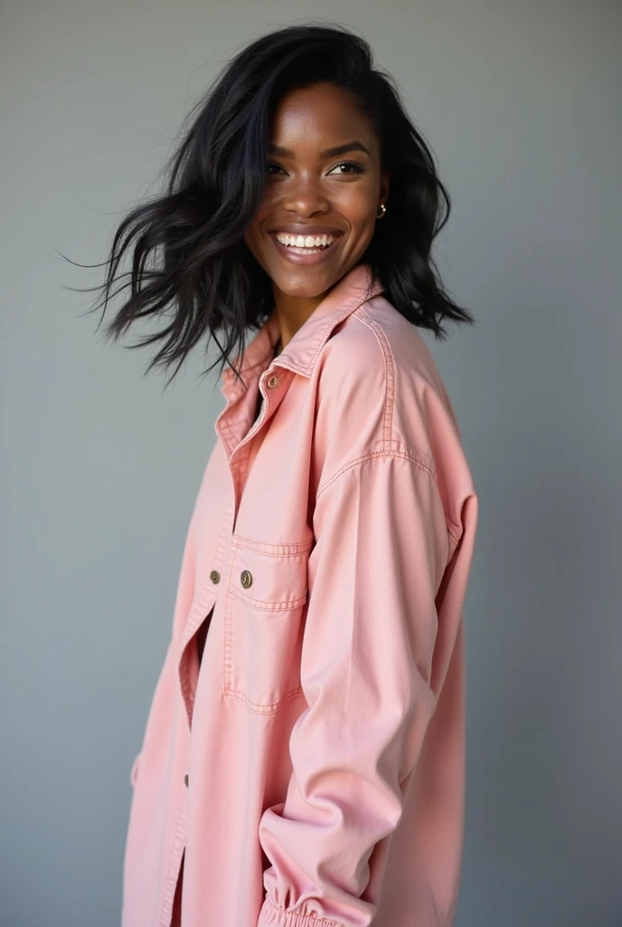 An African American woman with short layered
 straight black hair, styled in loose waves, is seen from the thigh up, angled slightly to the right and looking directly at the viewer with a cheerful expression. Her skin tone is dark, and she has a pleasant s...