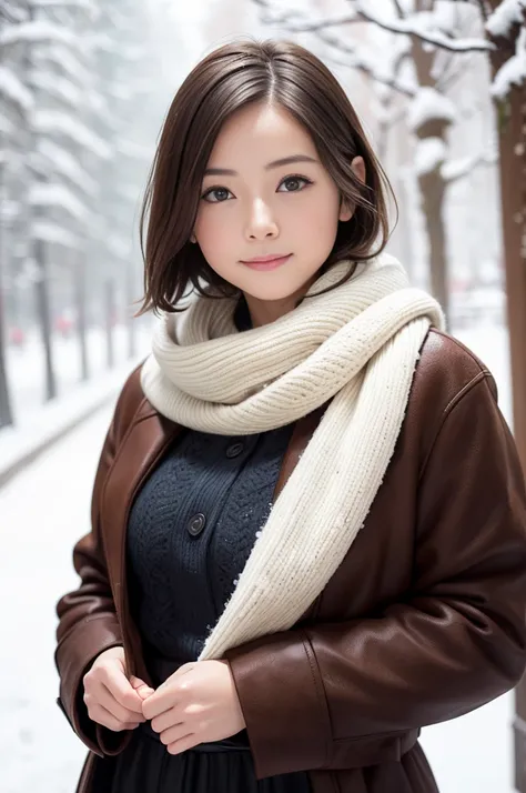 (8k, RAW photo, photorealistic, HQ, masterpiece), a cute Japanese girl,(glowing eyes), 
(light smile:0.2), brown hair, fluffy Pixie Bob hair, large breasts, (Stylish winter outfits, Scarf, coat, long skirt), 
standing pose, Seductive pose, (Snow continuing...