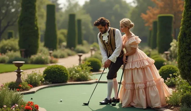 elegant rococo man playing mini golf in a park with a beautiful woman, they are having a good time.