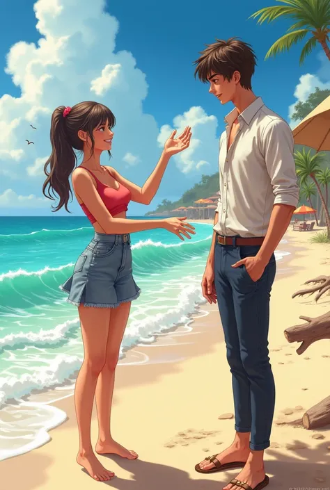 Creat image like there is a beach and the teenage girl is playing with her friend and one tange boy is staring her the boy is looking so smart and handsome and the girl is innocent