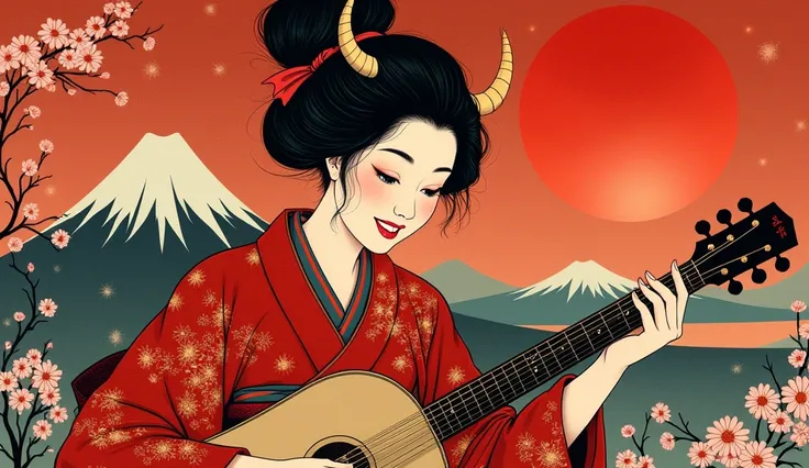  A beautiful Ukiyo-e illustration set in the Japanese Warring States period 。A red demon girl wearing a red kimono all over her body 、 wearing a kimono with a black pattern on a red background is playing the shamisen。The womans expression is smiling 、 her ...