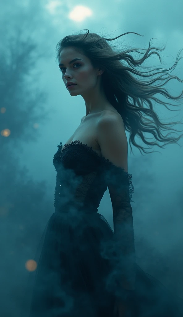 Below shot, A femme fatale lost in thought, standing and dancing, whirling around her, Realistic, Hyperrealism, lifelike photography pushed to extreme reality, surrounded by swirling clouds of smoke and mist, illustrated in a style that blends Film Noir an...