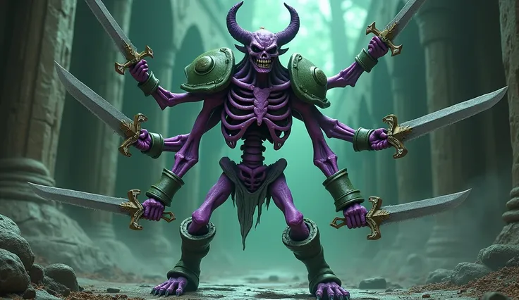  a skeleton monster with six arms 。A body made of purple bones and a green helmet 、Shoulder rest、 she wears boots 、 she holds a sharp sword with a gold handle in each hand 。He has swords on all six arms、Her expression is creepy, 、 has dark holes in its eye...