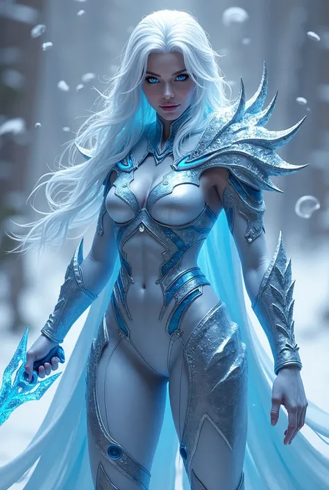 "Design a Mortal Kombat-inspired character named Janura Frostbane, representing the harshness and elegance of January. The character has pale, icy blue skin with glowing light-blue eyes. Their white, jagged icicle-like hair gives them a cold, intimidating ...