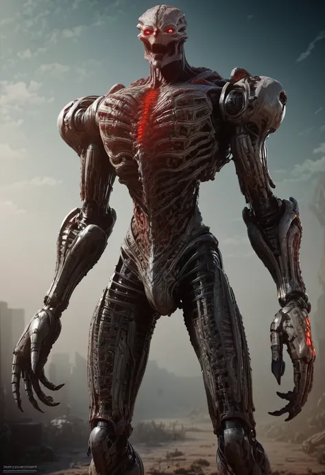 gigerworld, anthro jackal, heavy armor, bulky, wide chest, monstrous, open mouth, ultra detailed, 4k, warrior, demonic, red glowing eyes, long hands, strong arms, multiple eyes, smooth body, robotic joints, robotic parts, mechanization, horror, score_9, sc...