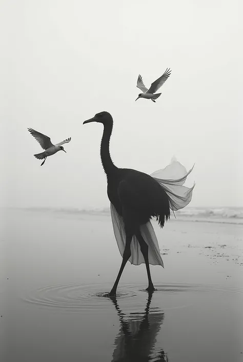 araffe walking on the beach with birds flying around, fan ho photography, beach surreal photography, cloak flittering in the wind, black and white artistic photo, inspired by Sergio Larraín, surreal photography, by Lucia Peka, by Sun Kehong, by Thomas Foga...