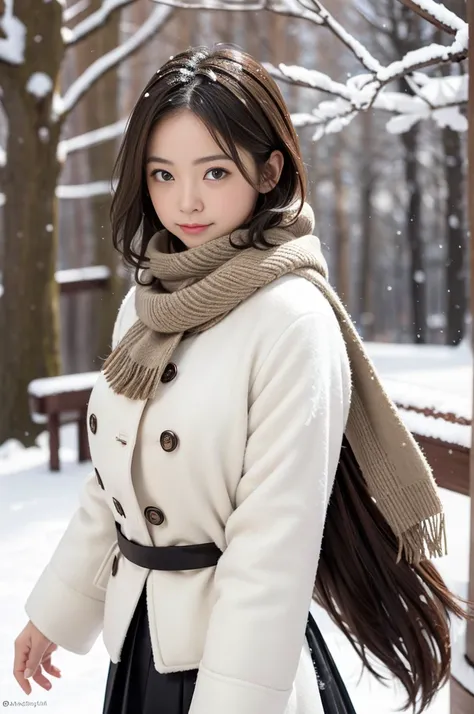 (8k, RAW photo, photorealistic, HQ, masterpiece), a cute Japanese girl,(glowing eyes), 
(light smile:0.2), brown hair, fluffy Pixie Bob hair, large breasts, (Stylish winter outfits, Scarf, coat, long skirt), 
standing pose, Seductive pose, (Snow continuing...