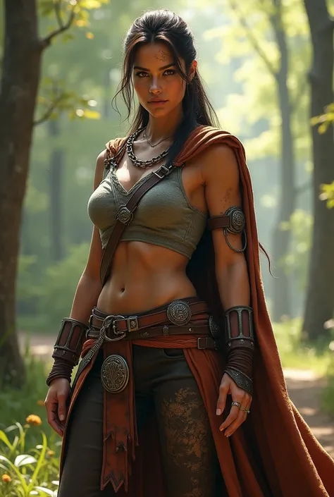 A tall Amazonian-medieval warrior woman, 511" in height, with an athletic and muscular build, a 34D bust, and 36-inch hips. She has dark brown hair tied back and intense amber eyes. Her tanned skin is marked by subtle battle scars, including a prominent on...